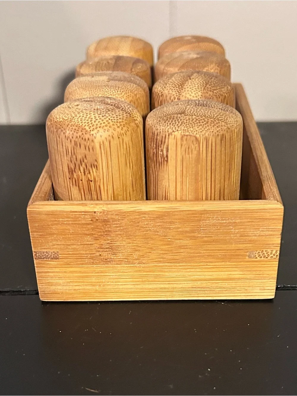 8 Pc Bamboo Salt Pepper Shaker Set w/ Storage Tray Refillable Kitchen Table